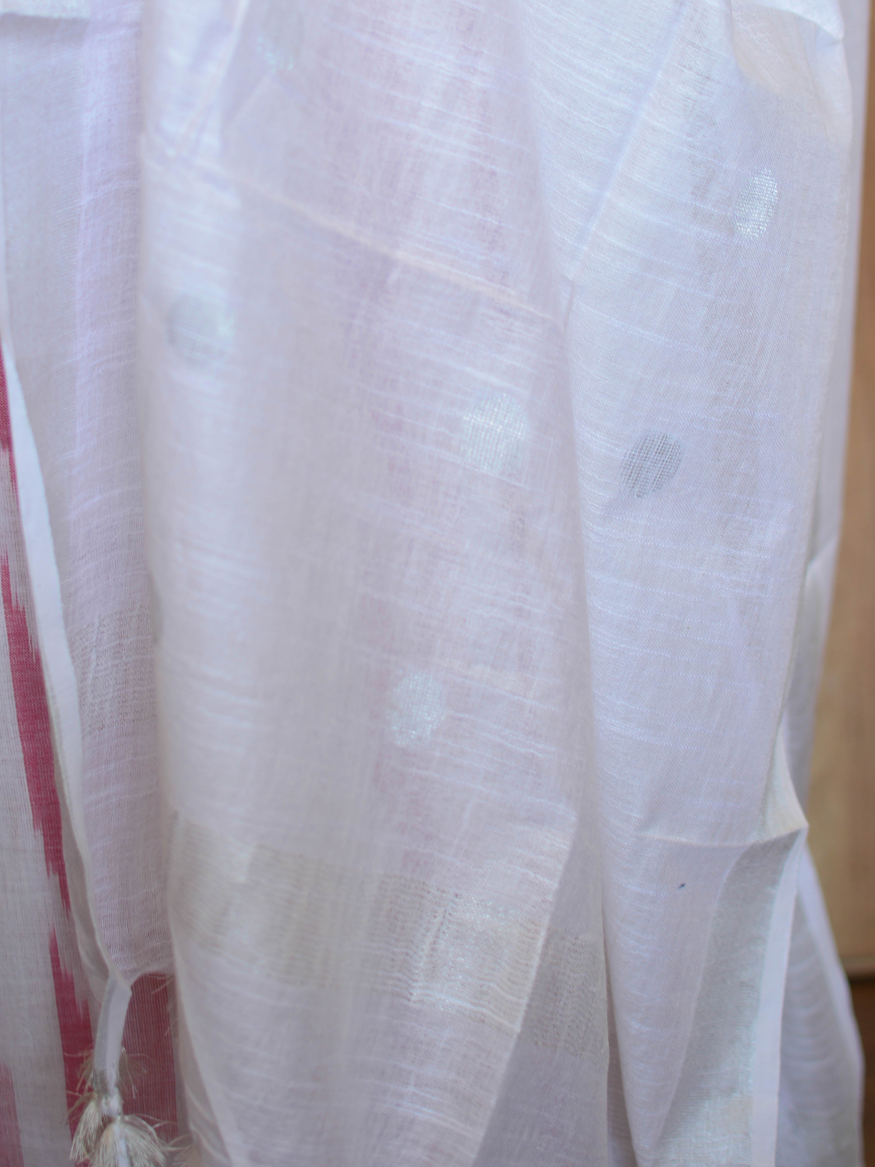 Bhagalpuri Pure Ikkat Kameez With White Linen Dupatta-White