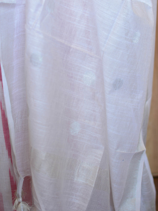 Bhagalpuri Pure Ikkat Kameez With White Linen Dupatta-White