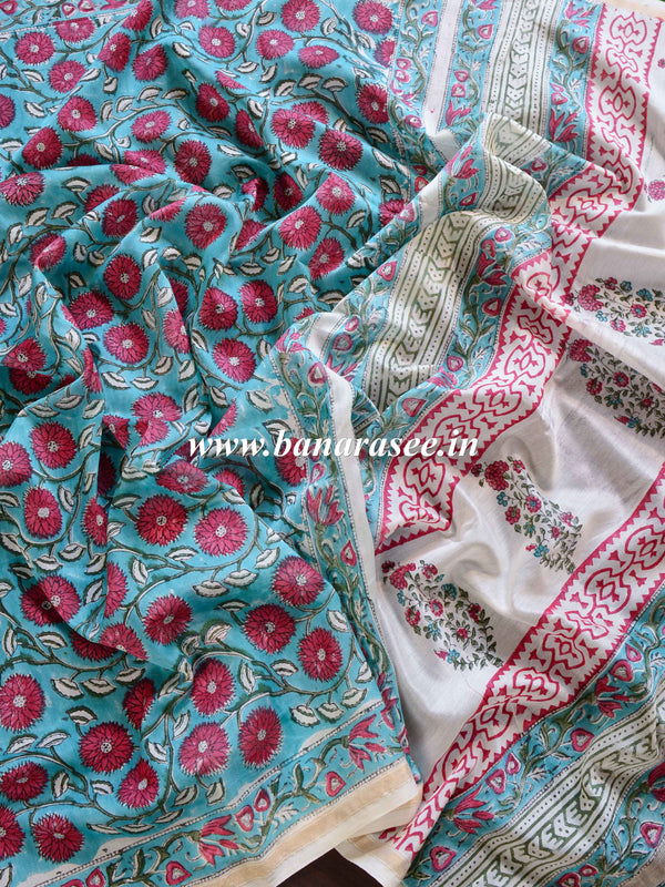 Handloom Chanderi Bagru Block Printed Saree-Green