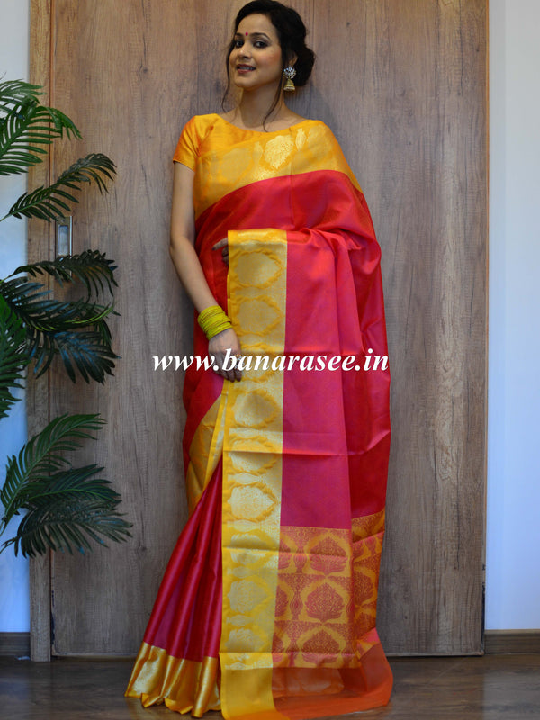 Banarasee Kora Muslin Saree With Buta Design & Skirt Border-Red & Yellow