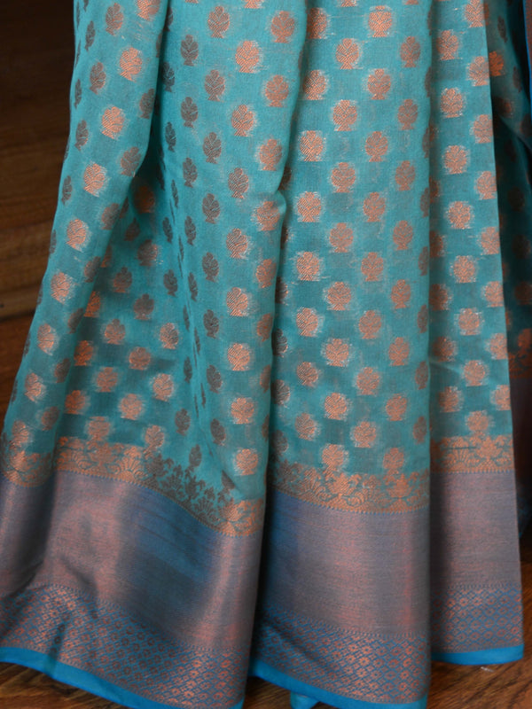Banarasee Cotton Silk Mix Saree With Zari Buti Design-Blue