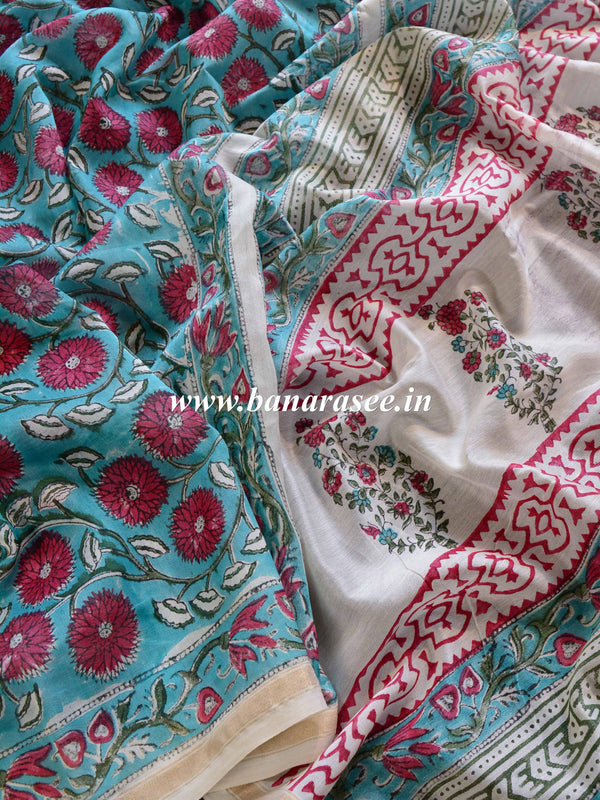 Handloom Chanderi Bagru Block Printed Saree-Green