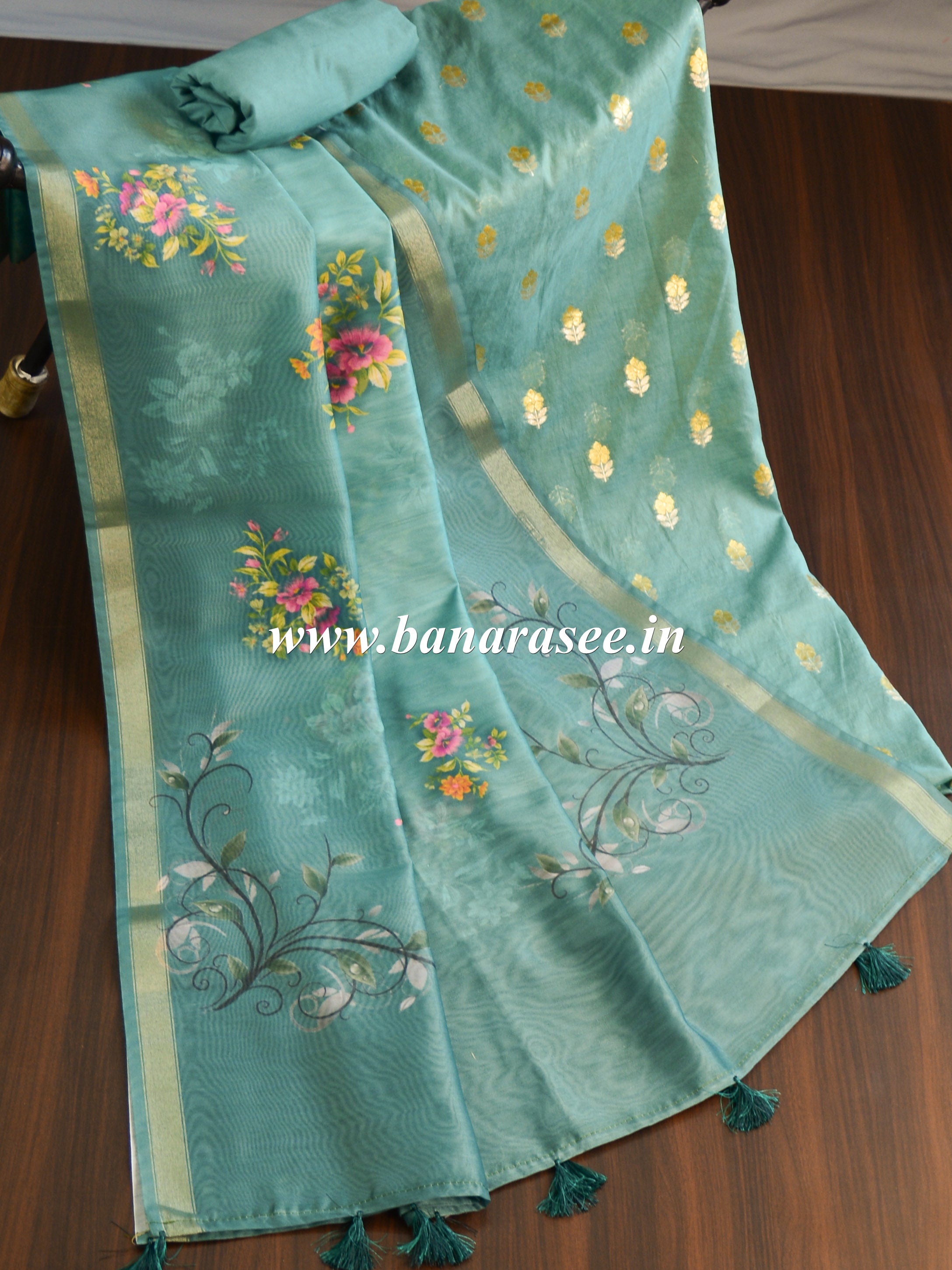 Banarasee Chanderi Cotton Zari Buti Salwar Kameez Fabric With Digital Print Dupatta-Green