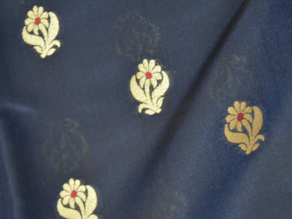 Banarasee Soft Semi Katan Silk Mini Gold Buti Design Fabric-Deep Blue