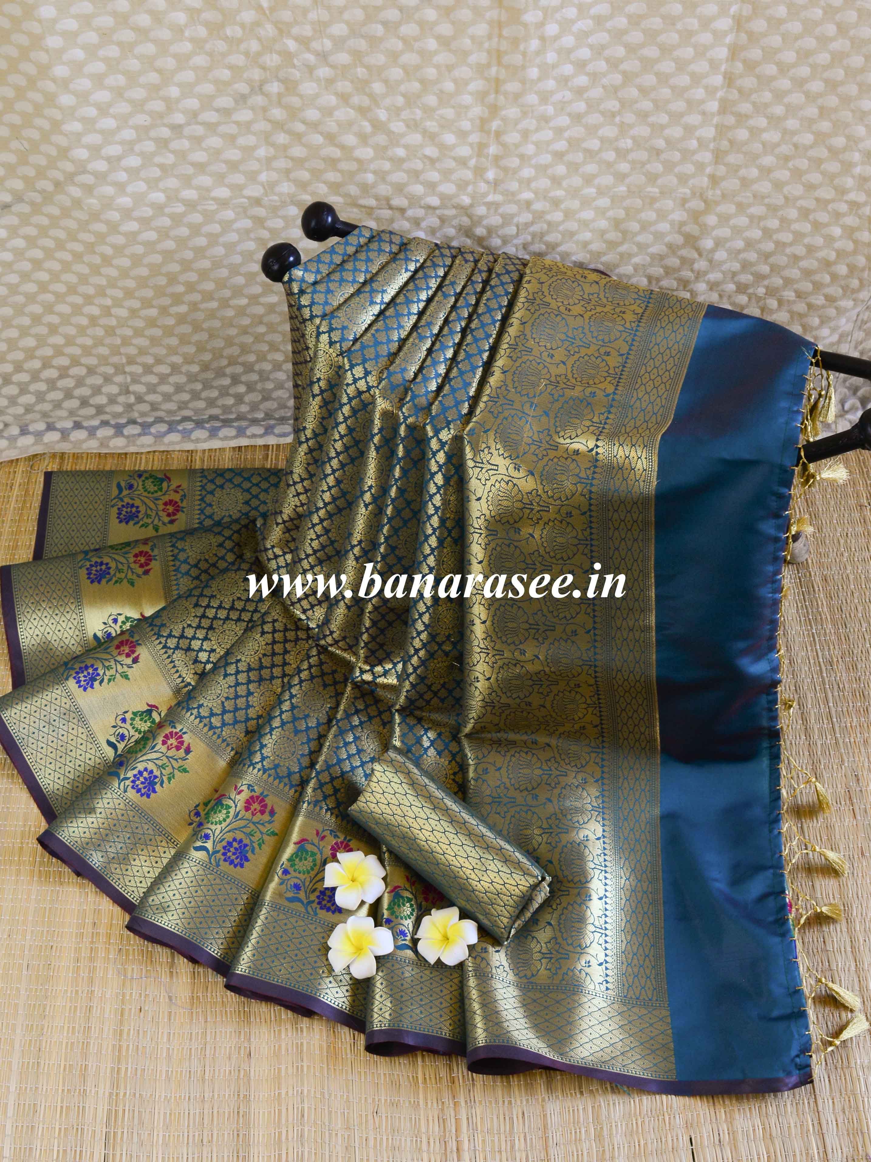 Banarasee Art Silk Saree With Zari Buta & Floral Meena Border-Green