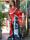 Bhagalpur Handloom Pure Linen Cotton Hand-Dyed Shibori Pattern Saree-Black & Red