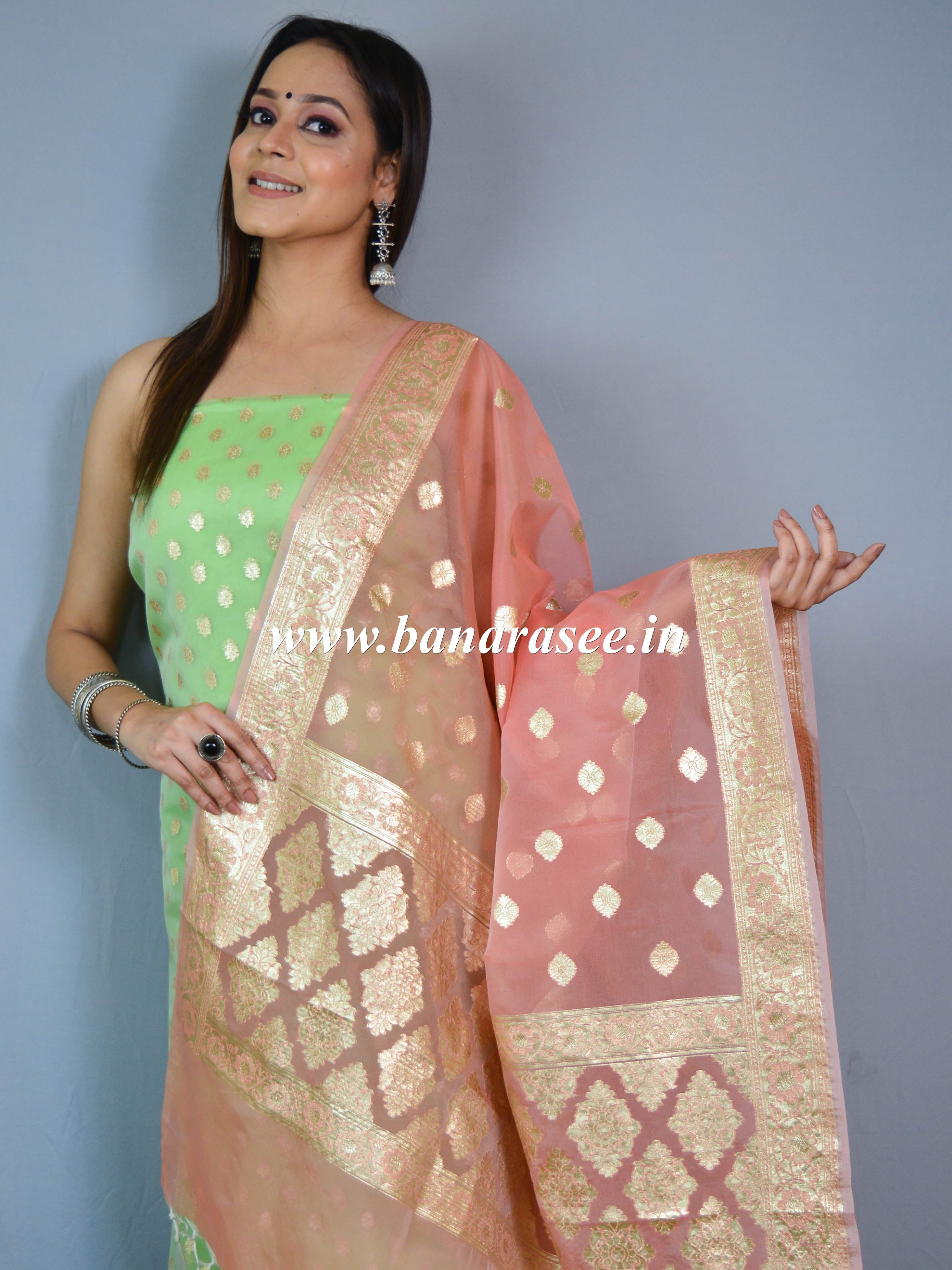 Banarasee Organza Silver Zari Salwar Kameez Fabric With Dupatta-Green & Peach
