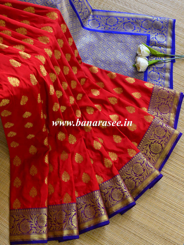 Banarasee Handwoven Semi Silk Saree With Zari Buta Design & Floral Border-Red