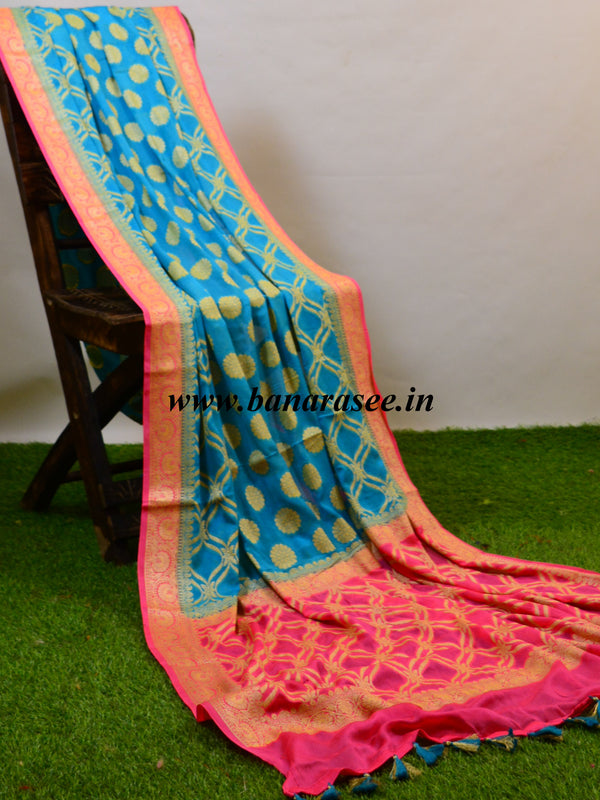 Banarasee Chiffon Zari Jaal Saree-Blue & Pink