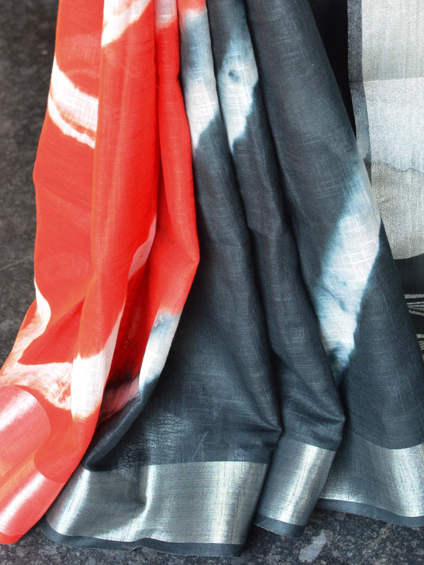 Bhagalpur Handloom Pure Linen Cotton Hand-Dyed Shibori Pattern Saree-Black & Red