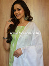 Bhagalpuri Pure Ikkat Kameez With White Linen Dupatta-Green & White