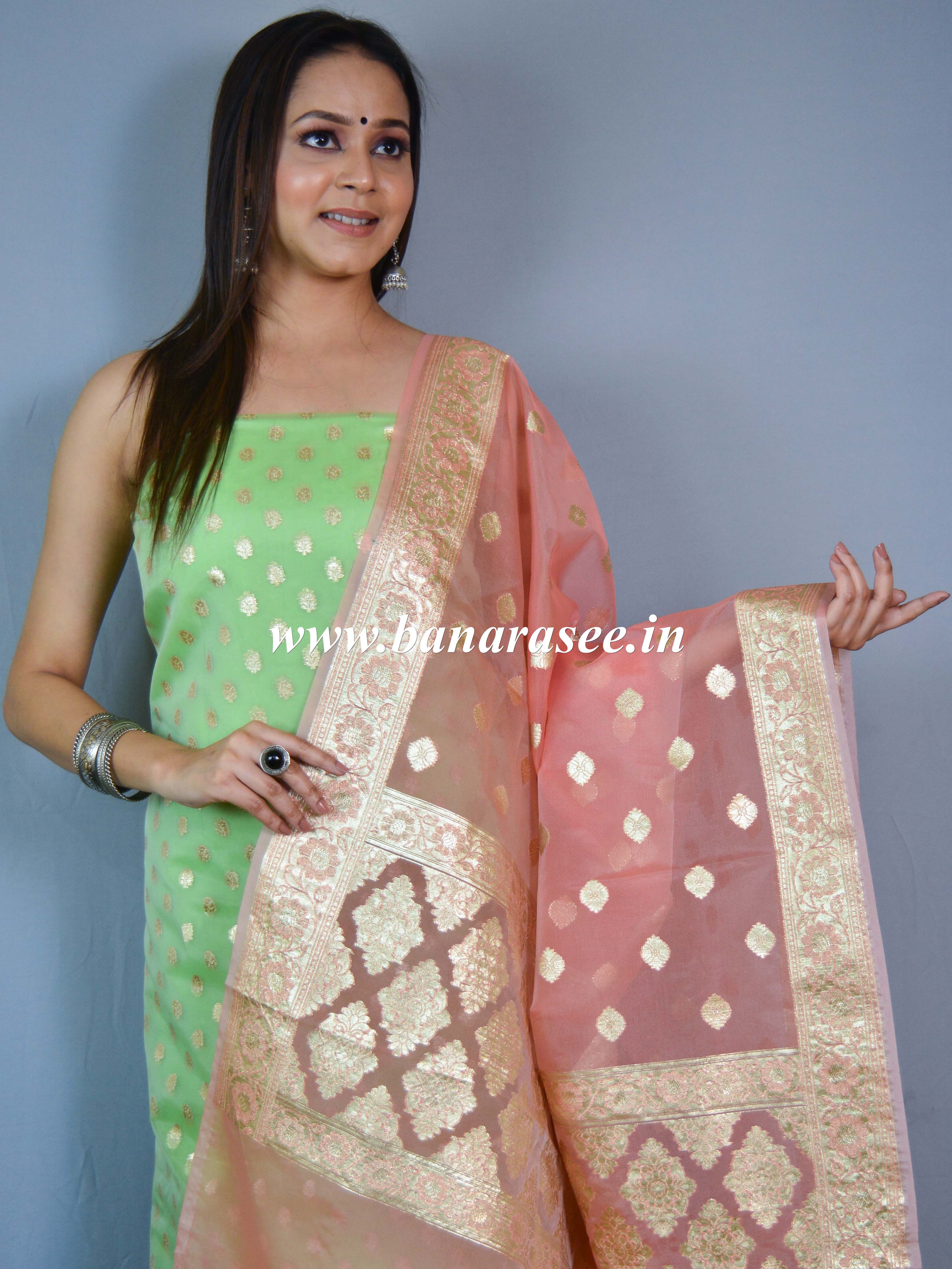 Banarasee Organza Silver Zari Salwar Kameez Fabric With Dupatta-Green & Peach