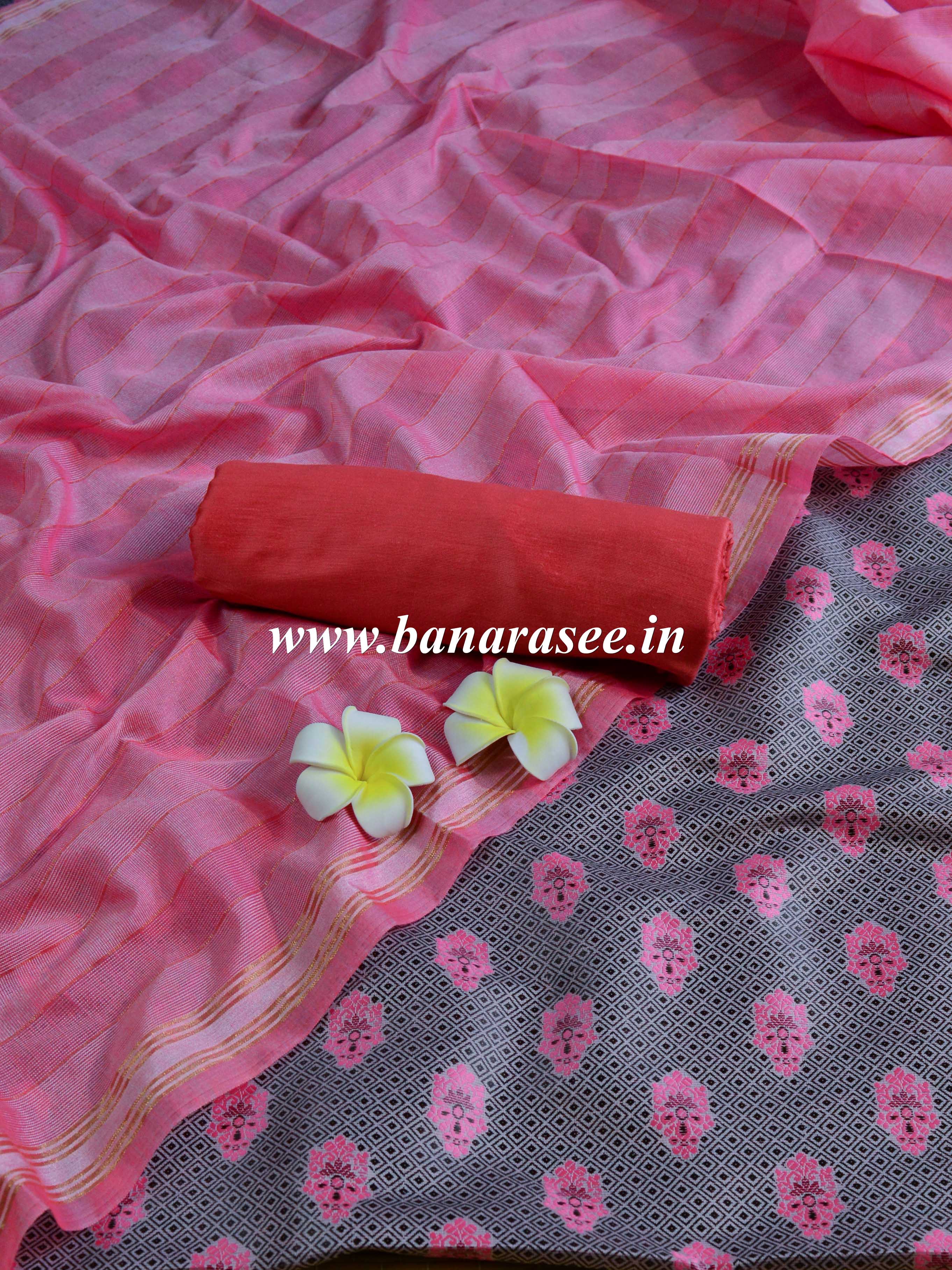 Banarasee Brocade Salwar Kameez Fabric With Cotton Silk Dupatta-Grey & Pink