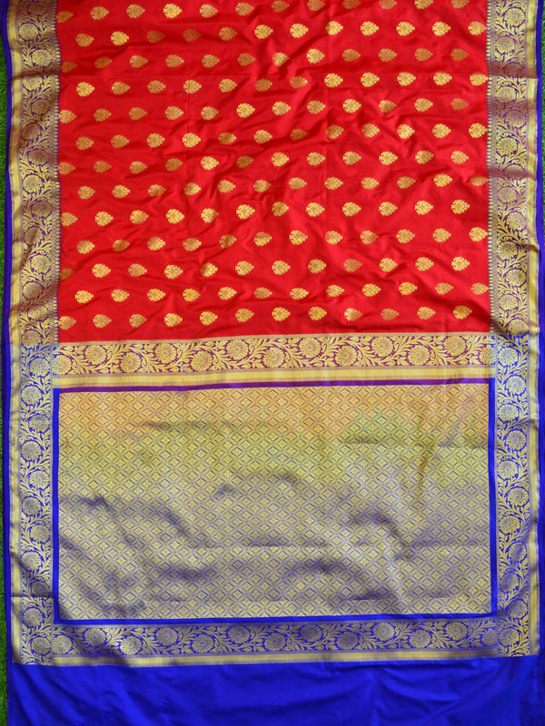 Banarasee Handwoven Semi Silk Saree With Zari Buta Design & Floral Border-Red