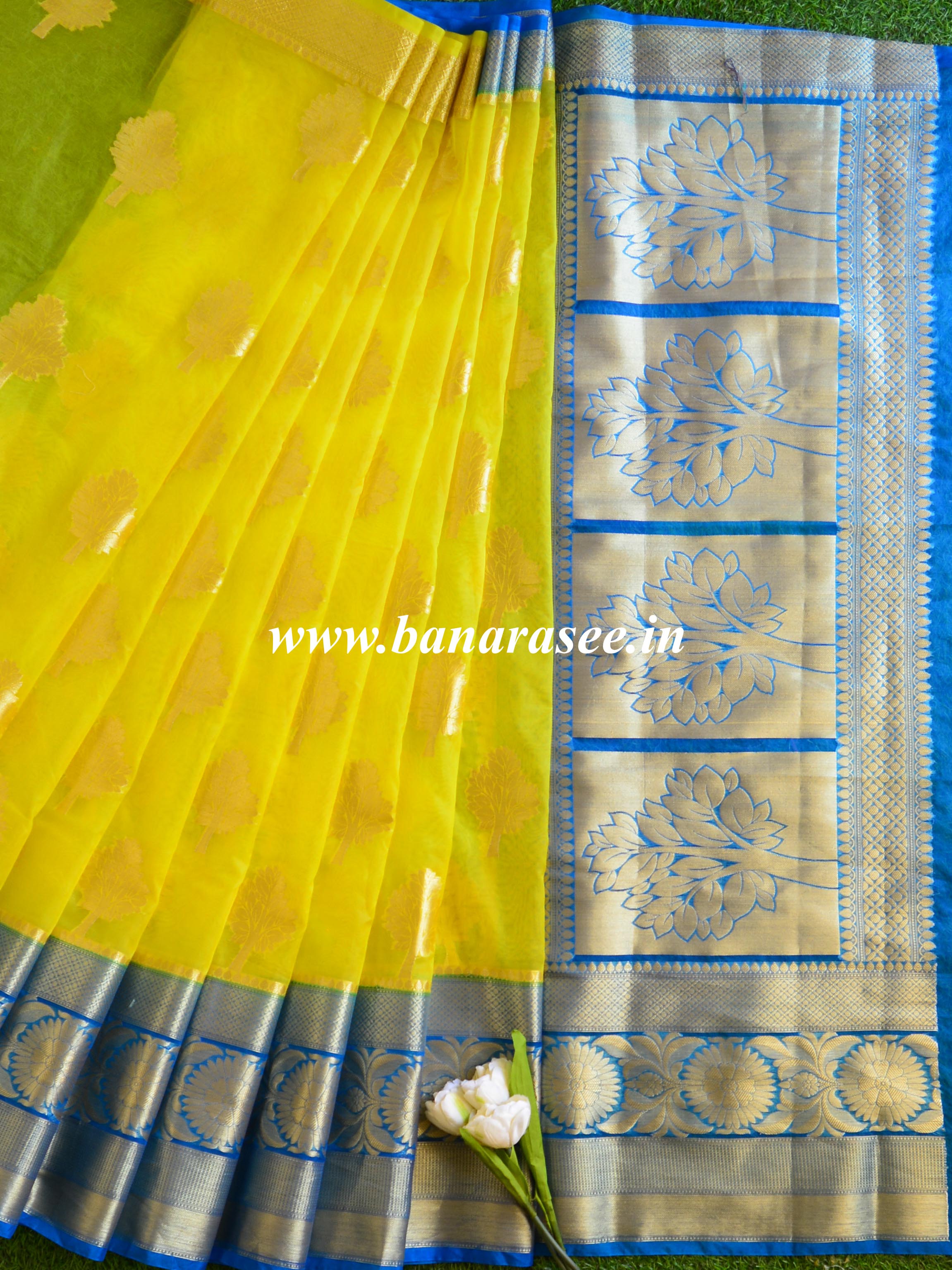 Banarasee Organza Mix Saree With Zari Buta & Border Saree-Yellow & Blue
