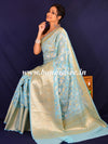 Banarasee Handwoven Semi-Chiffon Saree With Silver Jaal Design-Blue