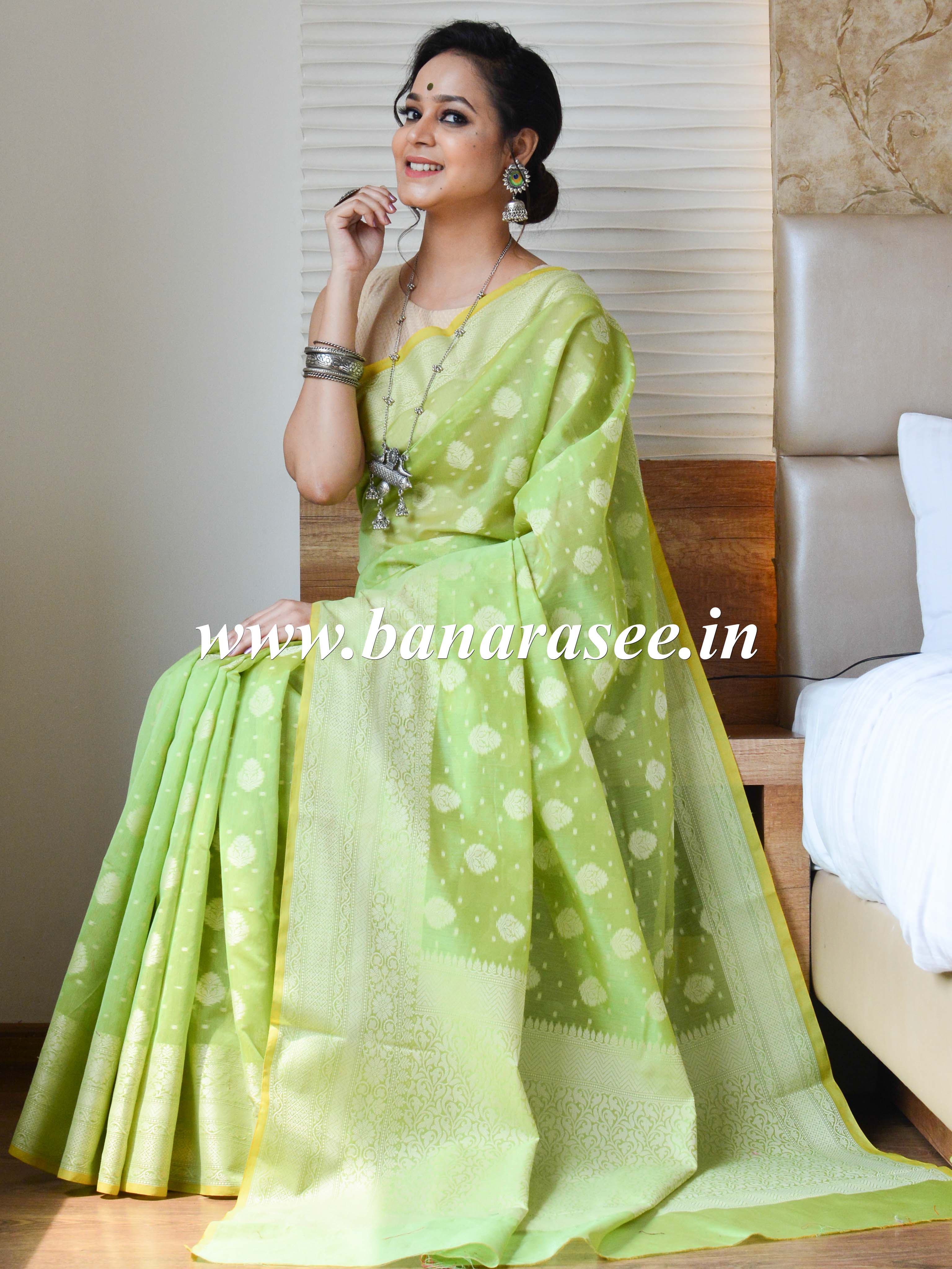 Banarasee Cotton Silk Saree With Resham Buti & Border-Light Green