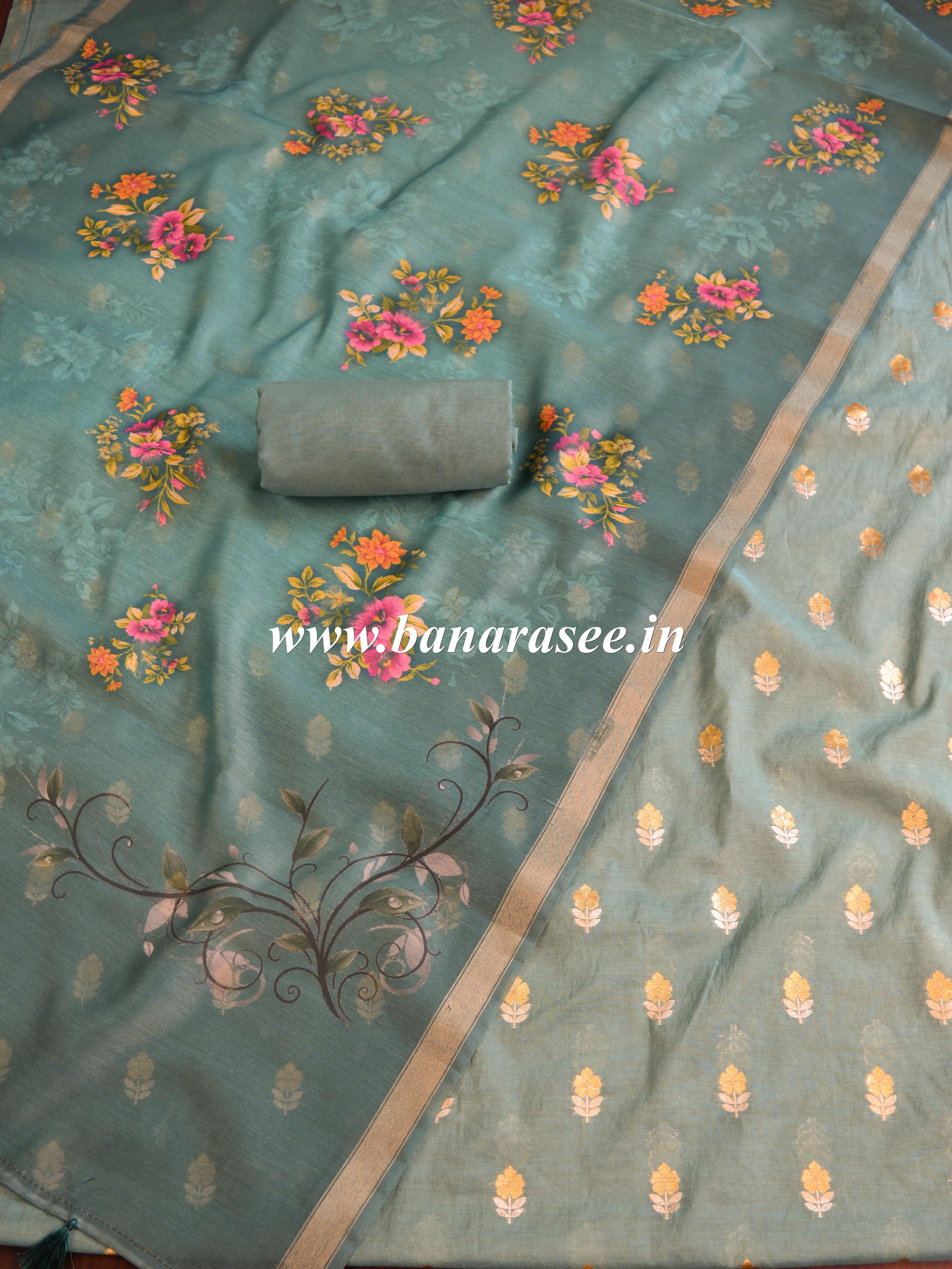 Banarasee Chanderi Cotton Zari Buti Salwar Kameez Fabric With Digital Print Dupatta-Green