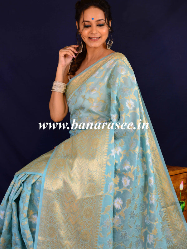 Banarasee Handwoven Semi-Chiffon Saree With Silver Jaal Design-Blue