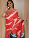 Bhagalpur Handloom Pure Linen Cotton Hand-Dyed Shibori Pattern Saree-Black & Red