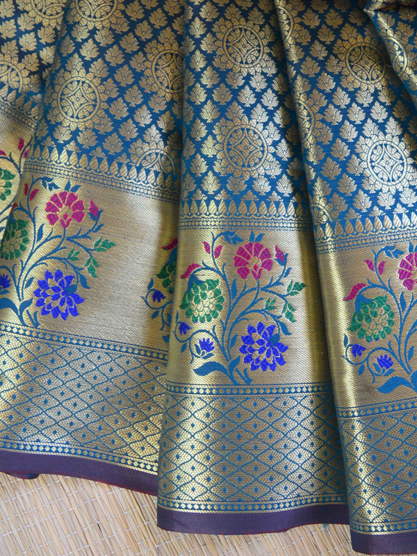 Banarasee Art Silk Saree With Zari Buta & Floral Meena Border-Green