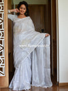 Banarasee Handloom Pure Linen By Tissue Embroidered Saree-Silver