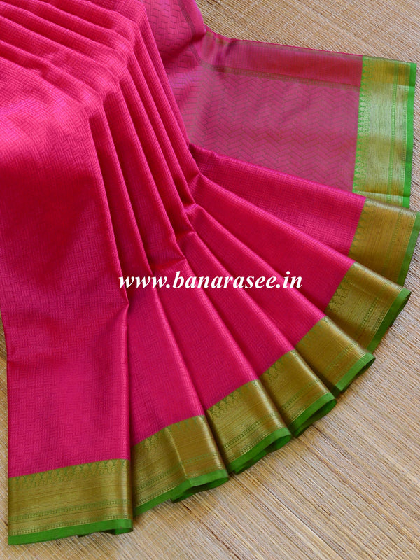 Banarasee Kora Muslin Saree With Tanchoi Weaving & Skirt Border-Magenta