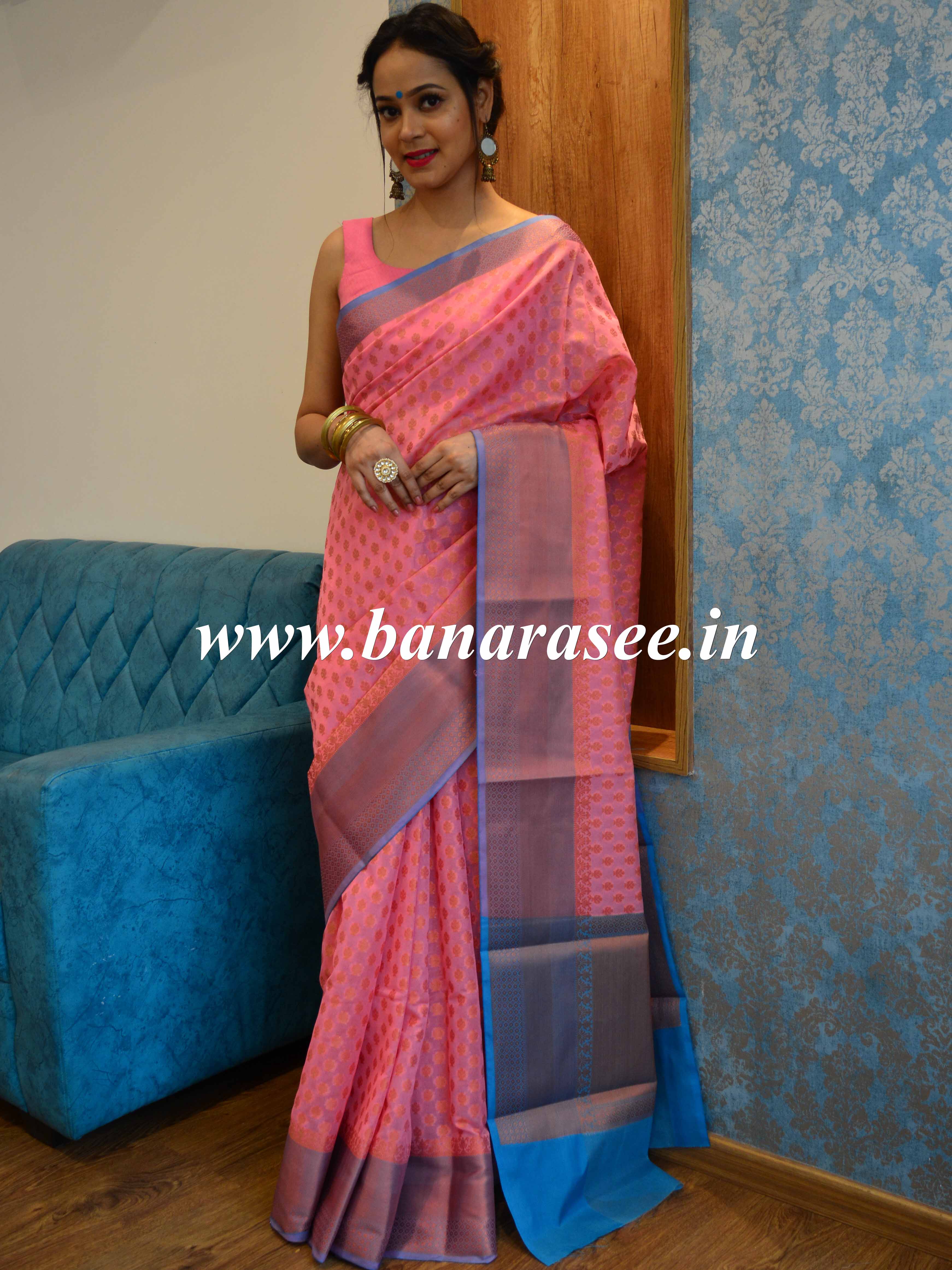Banarasee Cotton Silk Mix Saree With Zari Buti Design-Pink