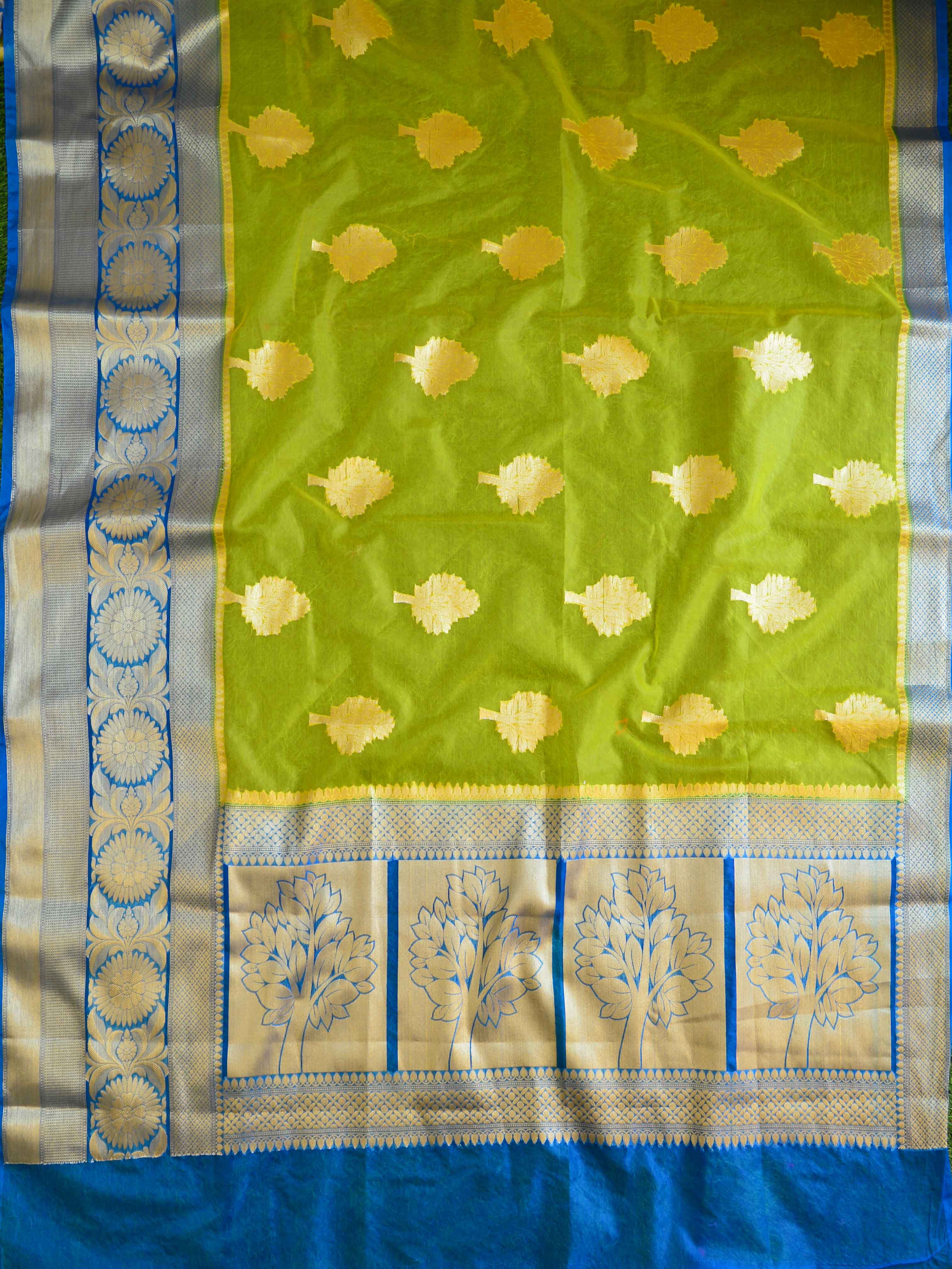Banarasee Organza Mix Saree With Zari Buta & Border Saree-Yellow & Blue