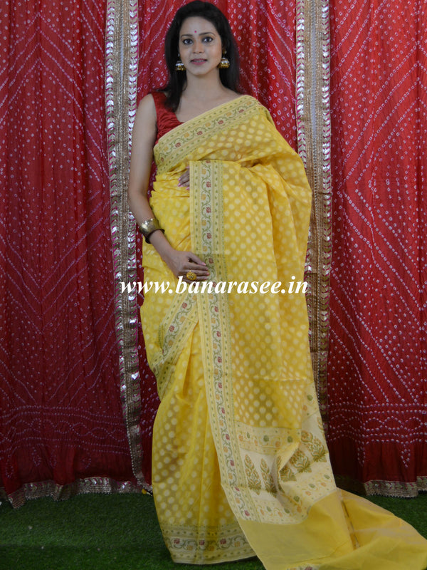 Banarasee Handloom Cotton Saree With Resham Paithani Border & Pallu-Yellow