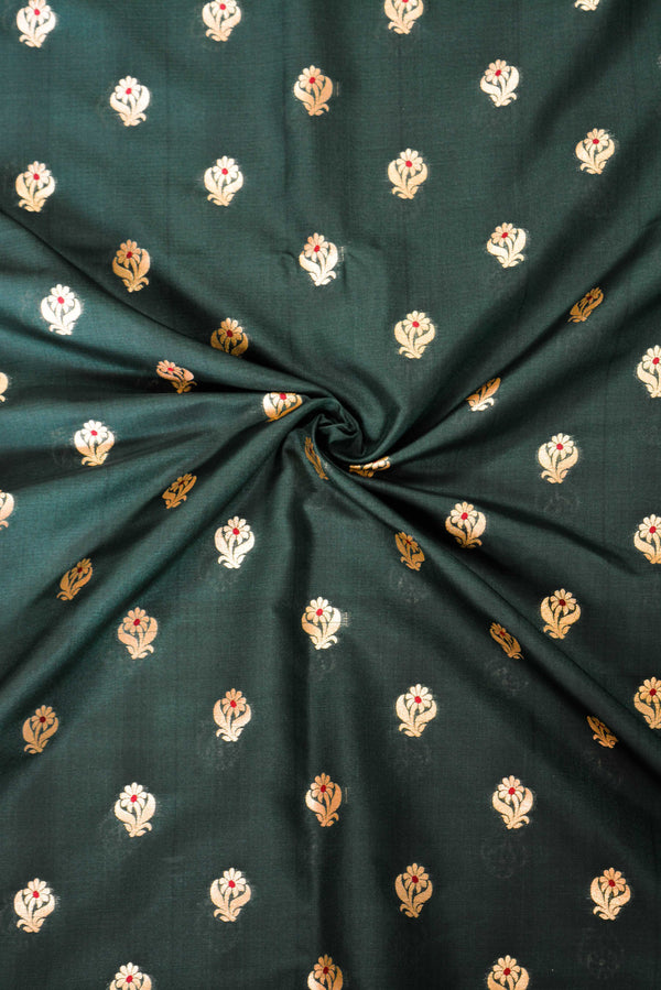 Banarasee Soft Semi Katan Silk Mini Gold Buti Design Fabric-Deep Green