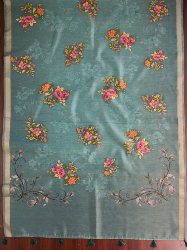 Banarasee Chanderi Cotton Zari Buti Salwar Kameez Fabric With Digital Print Dupatta-Green
