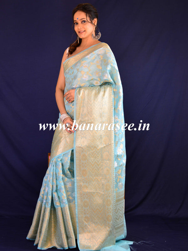 Banarasee Handwoven Semi-Chiffon Saree With Silver Jaal Design-Blue