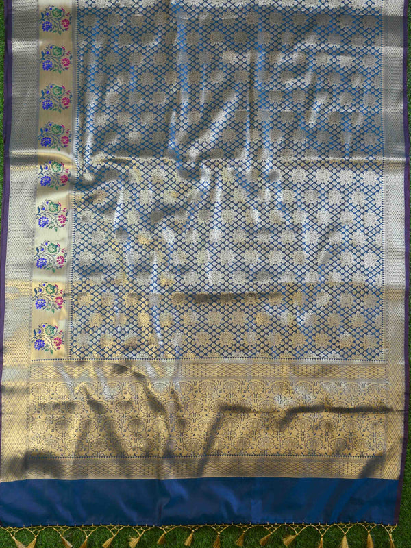 Banarasee Art Silk Saree With Zari Buta & Floral Meena Border-Green