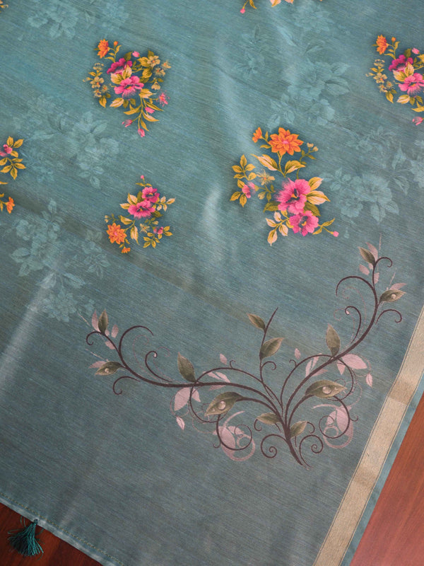 Banarasee Chanderi Cotton Zari Buti Salwar Kameez Fabric With Digital Print Dupatta-Green