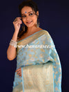 Banarasee Handwoven Semi-Chiffon Saree With Silver Jaal Design-Blue