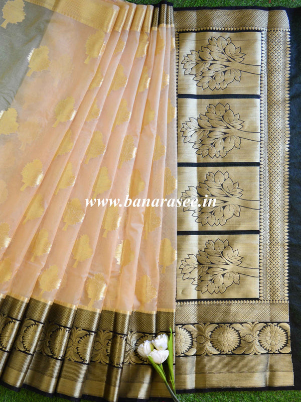 Banarasee Organza Mix Saree With Zari Buta & Border Saree-Beige & Black
