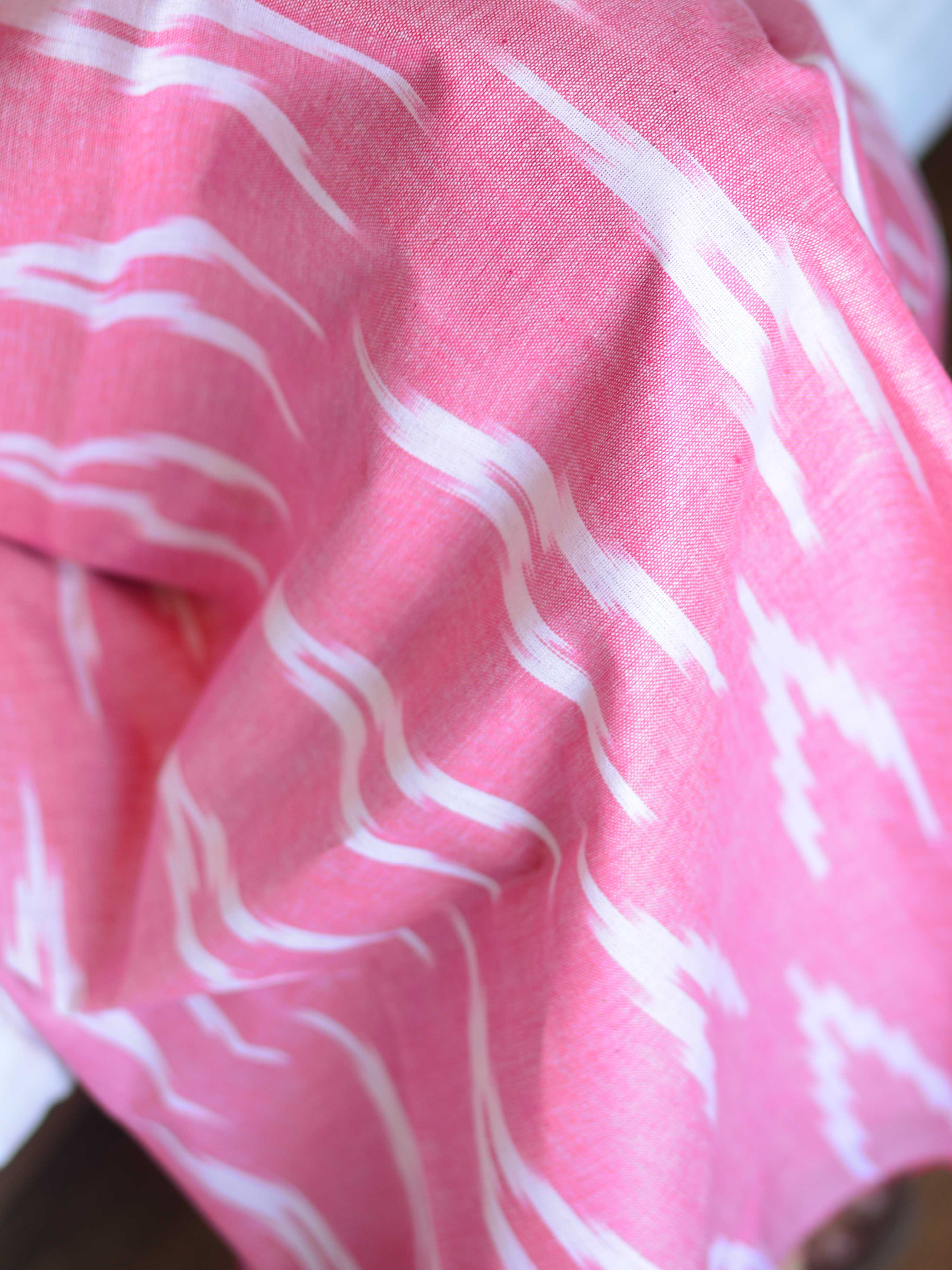 Bhagalpuri Pure Ikkat Kameez With White Linen Dupatta-Pink & White