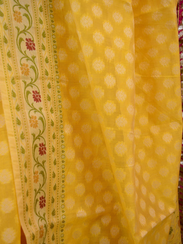 Banarasee Handloom Cotton Saree With Resham Paithani Border & Pallu-Yellow