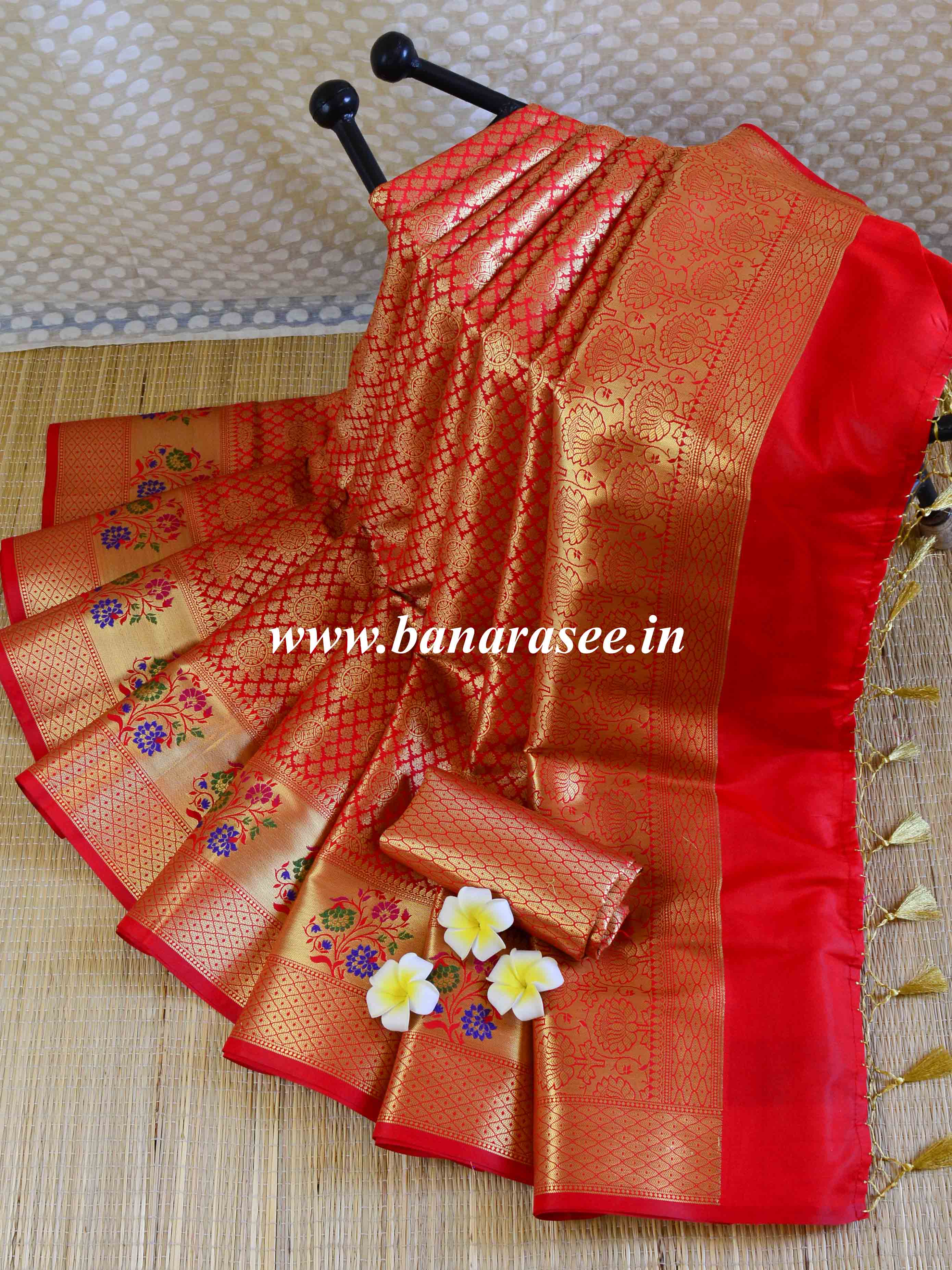 Banarasee Art Silk Saree With Zari Buta & Floral Meena Border-Red