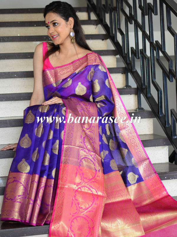 Banarasee Cotton Silk Mix Saree With Big Zari Buta & Floral Skirt Border-Blue