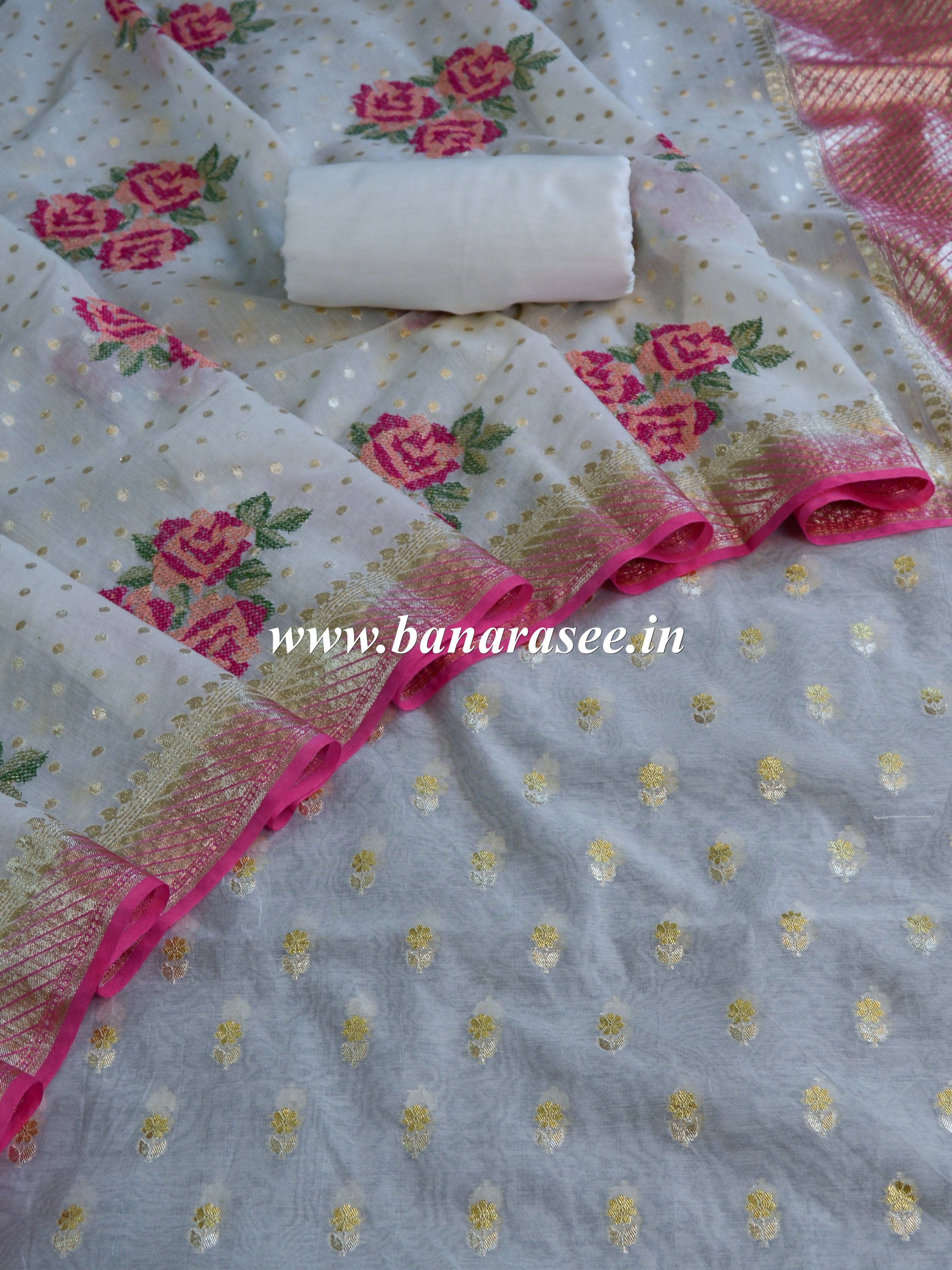 Banarasee Handloom Chanderi Cotton Zari Work Salwar Kameez With Embroidered Dupatta Set-White
