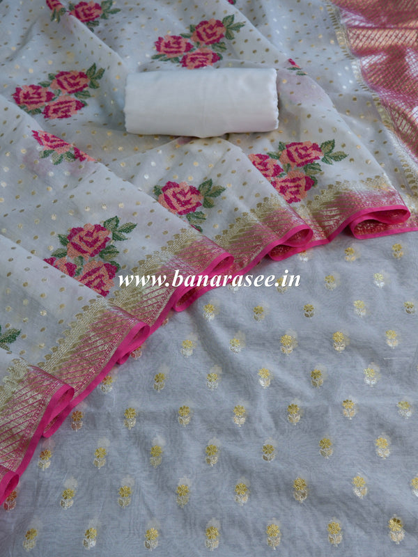Banarasee Handloom Chanderi Cotton Zari Work Salwar Kameez With Embroidered Dupatta Set-White