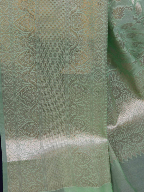 Banarasee Handwoven Semi-Chiffon Saree With Silver Jaal Design-Green
