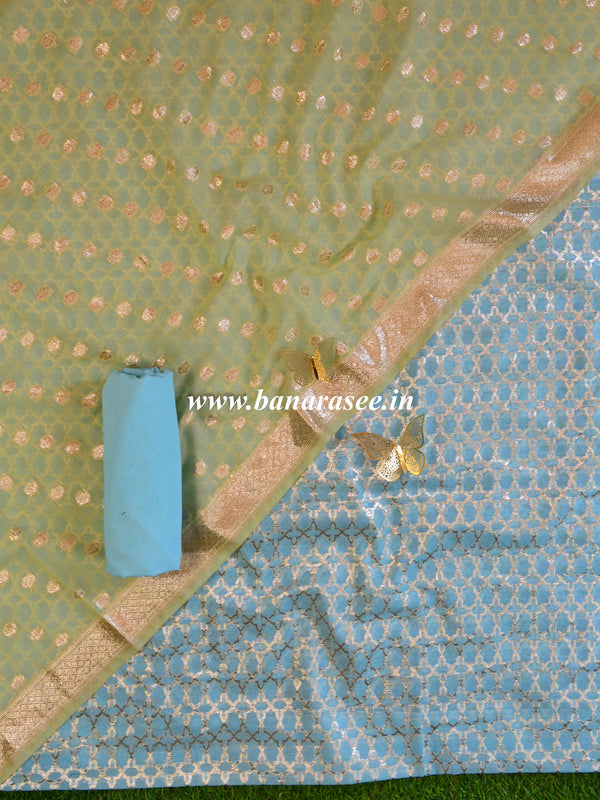 Banarasee Handloom Chanderi Cotton Zari Work Salwar Kameez Dupatta Set-Blue & Green