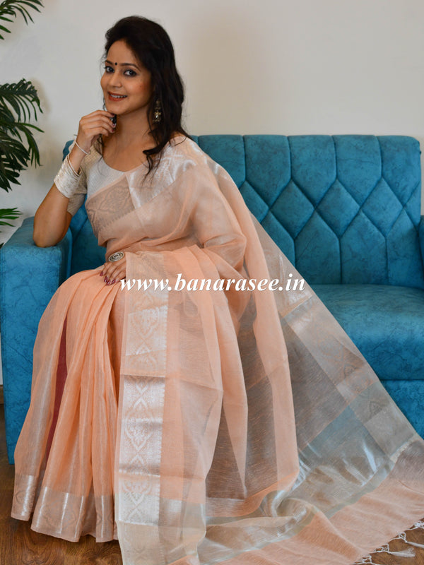Banarasee Handloom Linen Mix Silver Zari Border Saree-Peach