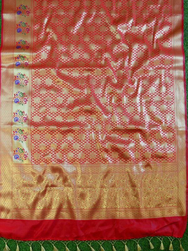 Banarasee Art Silk Saree With Zari Buta & Floral Meena Border-Red