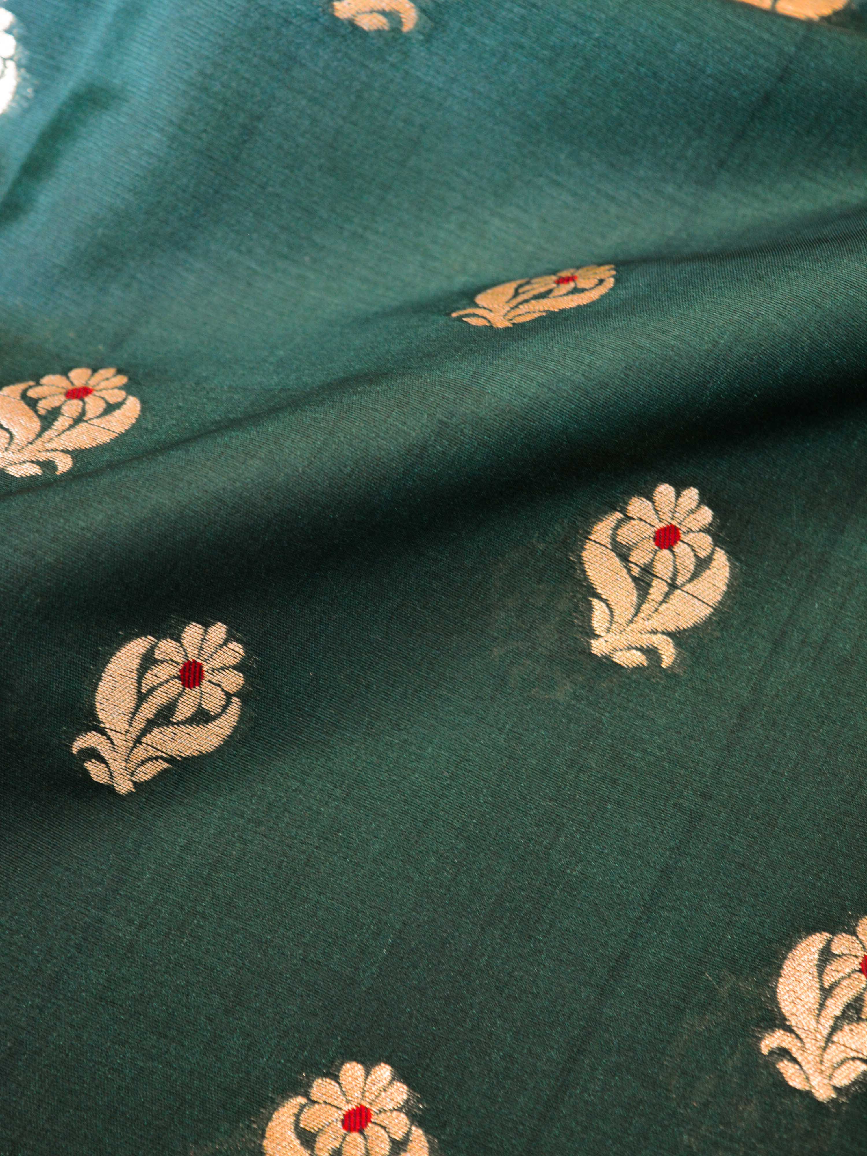 Banarasee Soft Semi Katan Silk Mini Gold Buti Design Fabric-Deep Green