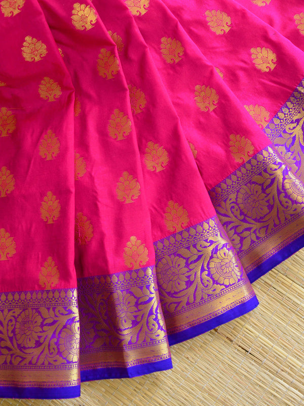 Banarasee Handwoven Semi Silk Saree With Zari Buta Design & Floral Border-Pink