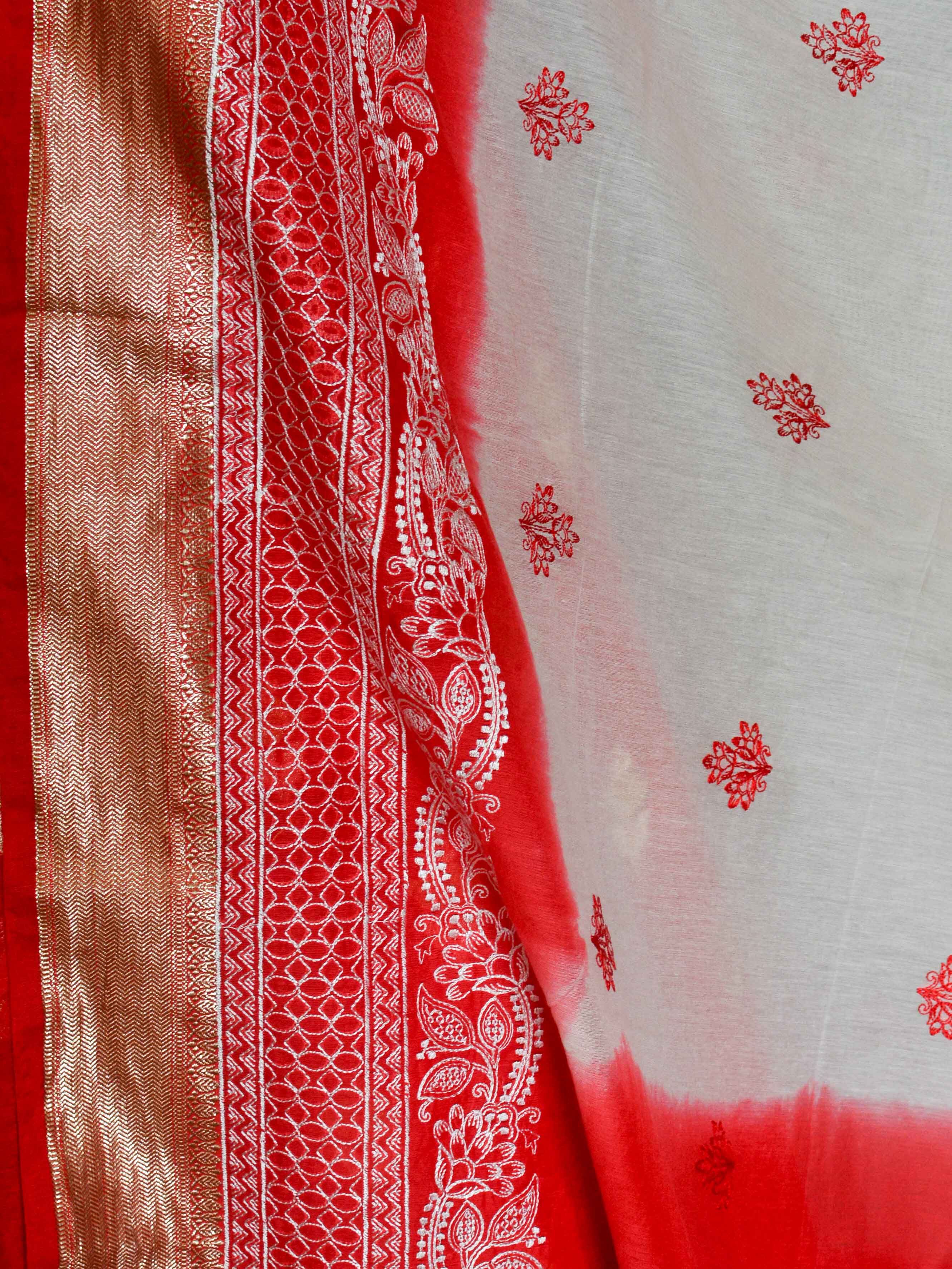 Banarasee Chanderi Cotton Salwar Kameez Fabric With Embroidered Zari Work Dupatta-Red